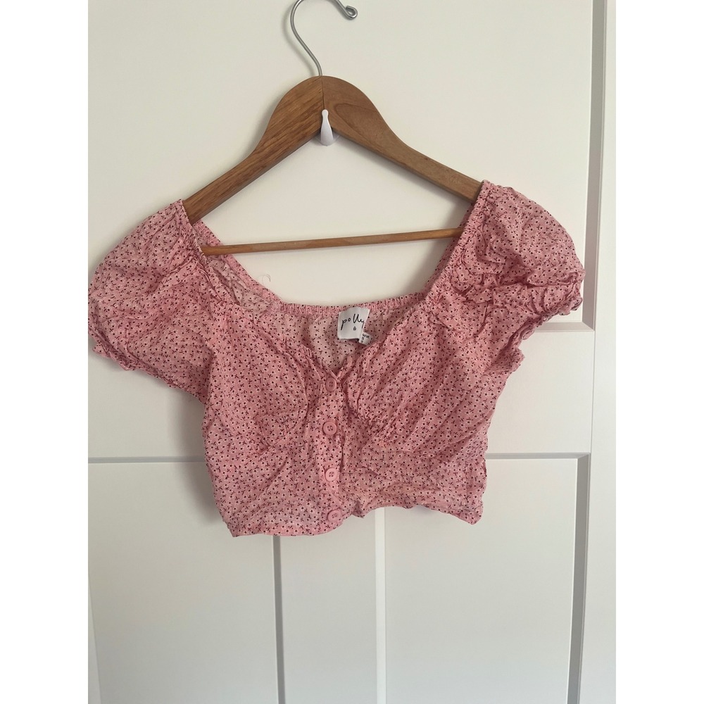 Princess Polly Pink Floral Ditsy Crop Top Milkmaid Puff Sleeve Button Front US 0